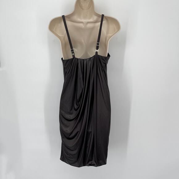 Poleci Women's Draped Matte Satin Mini Slip Dress Sz M Dark Brown Straps Slinky - Picture 5 of 10